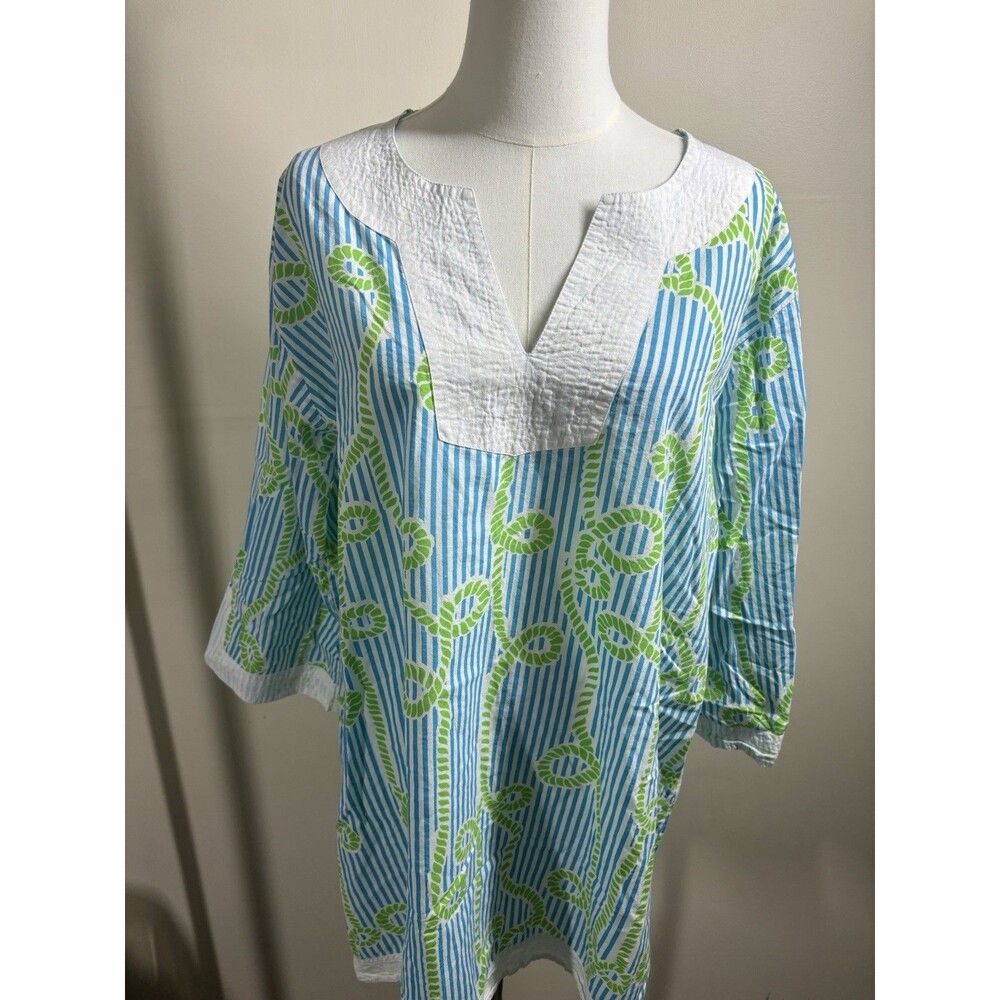 Top it Off Women's Blouse large White Aqua Green Cotton 3/4 Sleeves FREE SHP 004